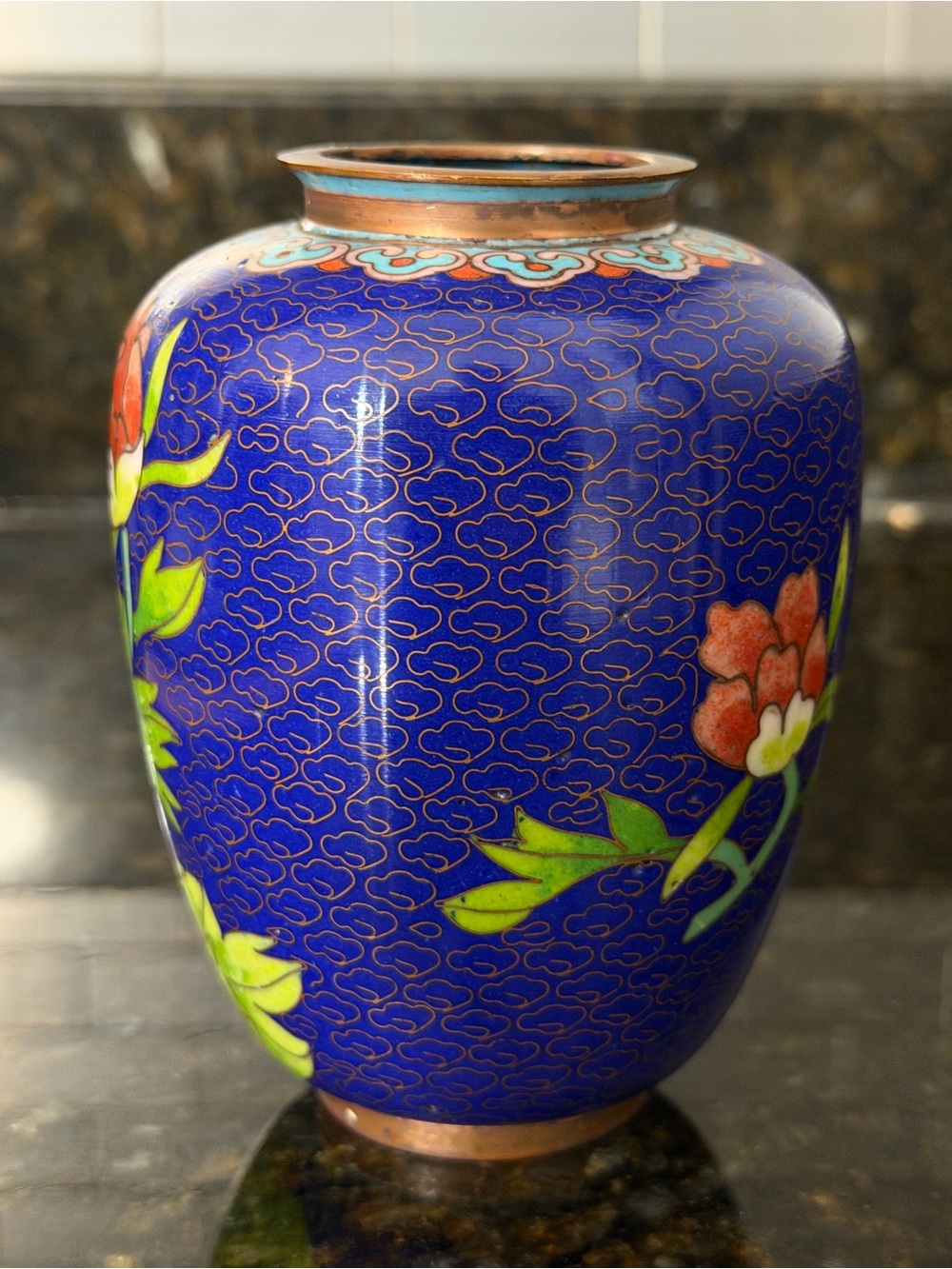 Vintage Chinese Cloisonné Petite Vase | Cobalt Blue Floral Peony 4.5” - Picture 4 of 8